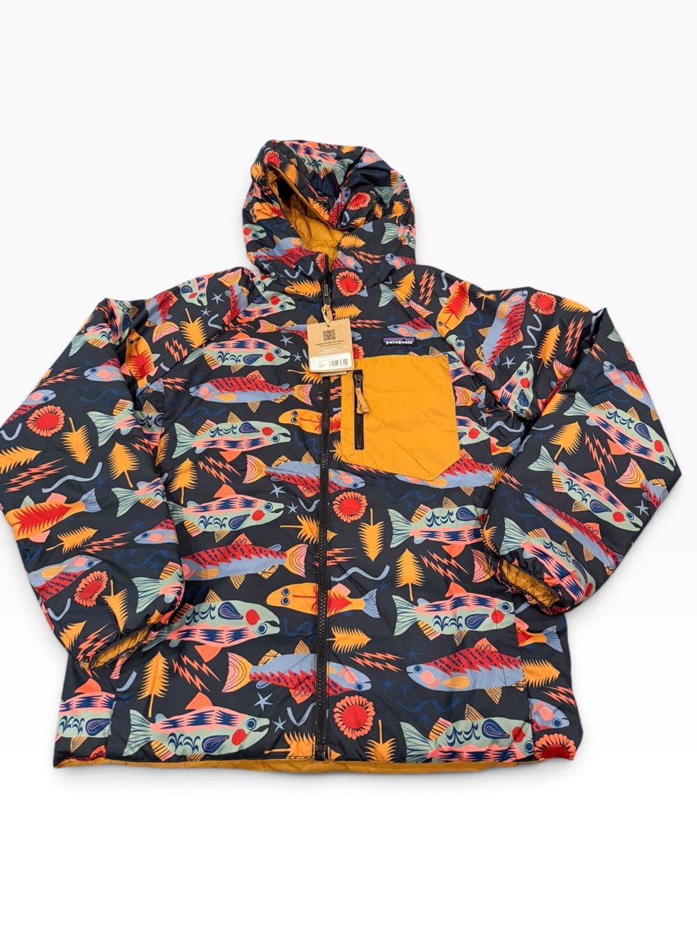 Patagonia Kids XL 14 Reversible Down Sweater Hoody Salmon Energy NWT 68640